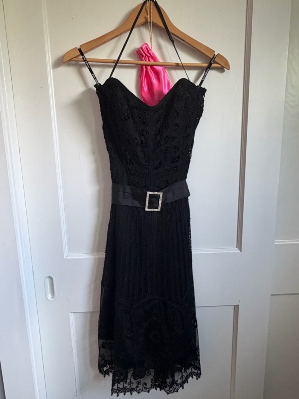 Betsey Johnson Black Lace Strapless Dress with Rhinestone Buckle - 2